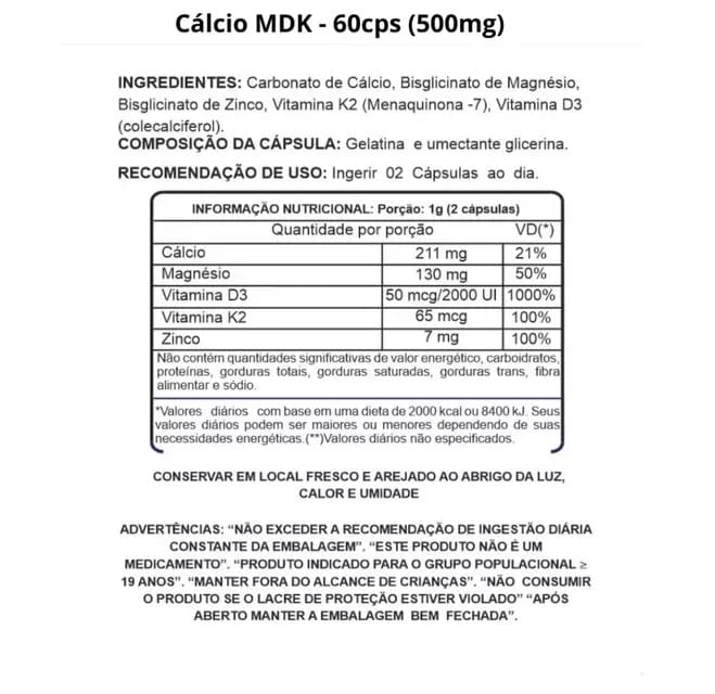 Cálcio MDK (Cálcio, Magnésio, Vit D, Vit K2 e Zinco) 500mg 60 Caps- New Four Mednutri Store Distribuidora de produtos alimentação formulas infantis Belem PA 02